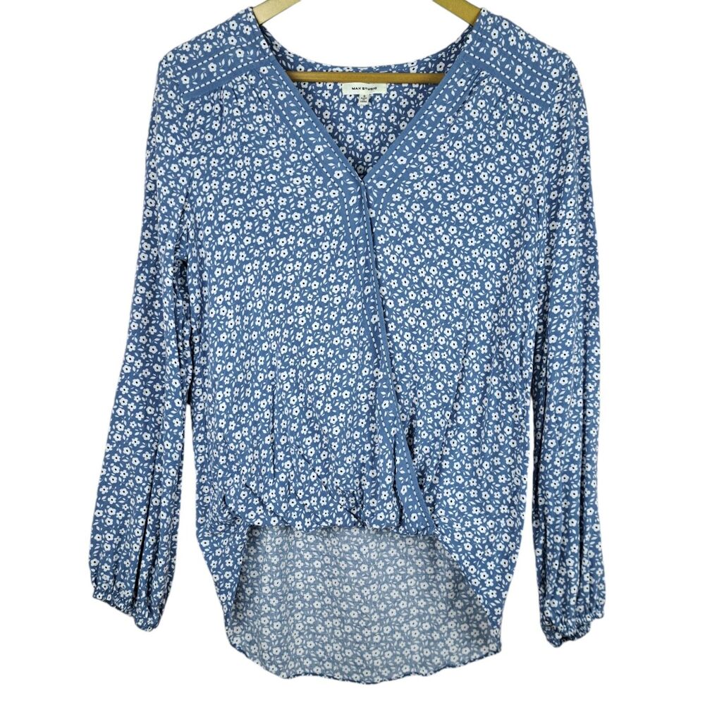 Max Studio High Low Wrap Top Blue Micro Print Flowers Size S 100% Rayon